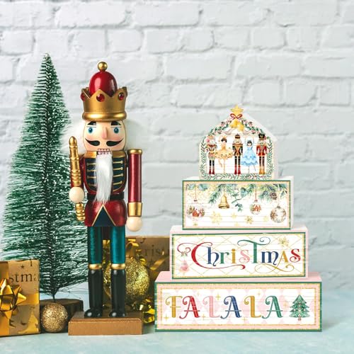 Britimes 4 Pcs Christmas Nutcracker Table Decor Christmas Tiered Tray Decorations Set Nutcracker Stack Block Signs Gift Rustic Farmhouse Tabletop Decor for Table & Home Office - style: Christmas Nutcracker