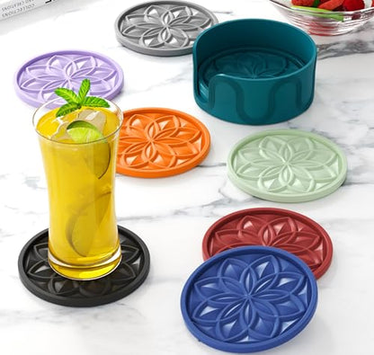 HFHOME Silicone Coasters Set with Holder - 6 Pack Drink Coasters for Coffee Table, Bar Tabletop Protection - Orange - color: Orange