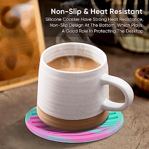 6 Pack Rubber Drink Coasters Plastic Coaster with Holder, Silicone Cup Mat | Coasters for Drinks Non-Stick Outdoor Plastic Coasters Set Thickened Hot- Cold Drink Fits Any Cups Table Rubber Glass Coaster - color: Green Pink-plastic Holder
