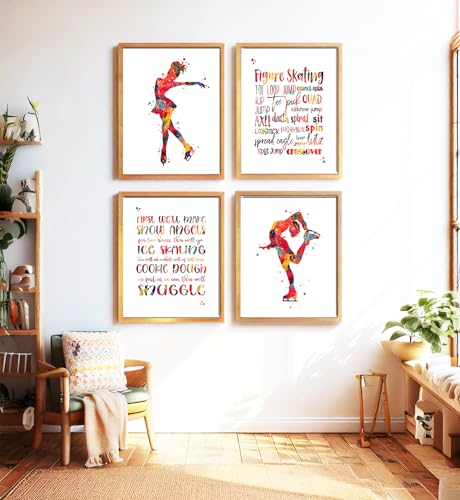 Inspirational Watercolor Ice Skater Girl Figure Skating Illustration Art Print Set for Girl's Bedroom Empowerment, Winter Sports Locker Team Boost, Young Spinner Surprises, Team Captain Honors, Coach Appreciation, Birthday Gifts - 8x10 Unframed Print Set