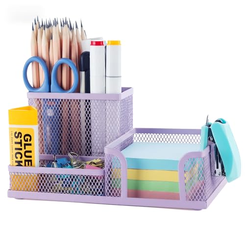 M&G Mesh Pen Holder Desk Organizers Pencil Holder for Desk Purple, 3 Compartments Metal Office Supply Organizer with Sticky Notes Holder for Home Office - color: Purple