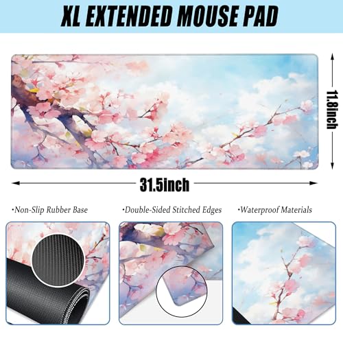 Large Gaming Mouse Pad for Desk,Cherry Blossom Tree Desk Mat for Desktop,Watercolor Floral Desk Pad, Extended Big Computer Keyboard Mouse Pad with Non-Slip Base Stitched Edges 31.5"x11.8" - color: Cherry Blossom Tree, size: XL-31.5"x11.8"