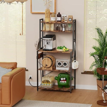 Luckyeestar Kitchen Baker’sRack Coffee Bar - Metal Storage Shelf for Microwave, Spice Organizer, Freestanding Kitchen Cart with Hooks,25 inch with Power Outlet - size: 5-Tier 25 inches