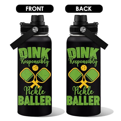 Pickleball Water Bottle 32oz | Insulated Stainless Steel Travel Tumbler with Lid Leak-Proof Keep Hot or Cold, BPA-Free |Dink Responsibly Gifts for Pickleball Lovers - color: Pickleball - blackt