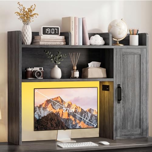 Dorm Desk Hutch, Desktop Shelf with 6 Shelves and Power Outlets 37.4" Desk Hutch with Drawers & RGB LED Light Over Desk Organizer Desktop Storage Shelf for Dorm Office Home Computer Desk-Grey - color: Grey, size: 37.4"W with LED Light