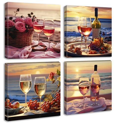 Kitchen Decor Dining Room Wall Art Wine Glass Still Life Fruit Goblet Canvas Prints Artwork Beach Sunset Landscape Romantic Poster Bar Restaurant Home Decoration Framed Ready to Hang 12"X12"X4 Panels - color: wine
