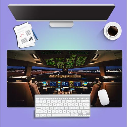 Large Gaming Mouse Pad (31.5" x 15.8") - Airplane Cockpit, Aircraft Flight Deck Design for Boeing 777 Enthusiast XXL Office Accessories, Premium Stitched Anti-Slip Office Desk Mat - color: Modern Aviation