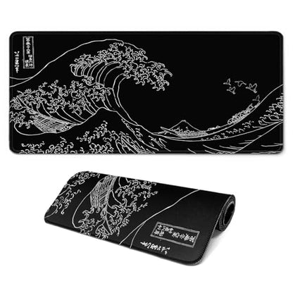 Gaming Mouse Pad, Large 31.5 x 11.8 inches Mousepad, Long Keyboard Pad, Cute Mouse Mat for Computer with Stitched Edges and Non-Slip Base (Black Japanese Wave) - color: Black Japanese Wave