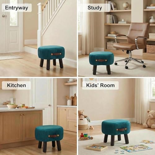 Foot Stools Small, Ottomon with Handle, Velvet Footrest Ottoman | Curved Foot Stool with Padded Seat Wooden Legs, Portable Foot Rest for Living Room, Bedroom, Entryway, (Peacock Blue) - color: Peacock Blue