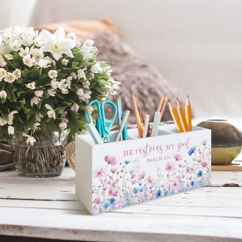 Floral Christian Pen Holder for Desk,Psalm 23:3 Bible Verse Religious Wooden Box Sign Desk Decor for Home Girls Room Dorm Tabletop Shelf Decoration,Christian Gifts for Women Men - color: Floral Christian