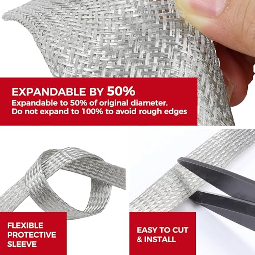 1/2" Wide Tinned Copper Braided Metal Wire Shielding Sleeve Ground Strap Automotive Flat Mesh Flexible Expandable Sheath (12mm ID-38ft) - size: 1/2 in Wide(0.32 in Dia)-38ft