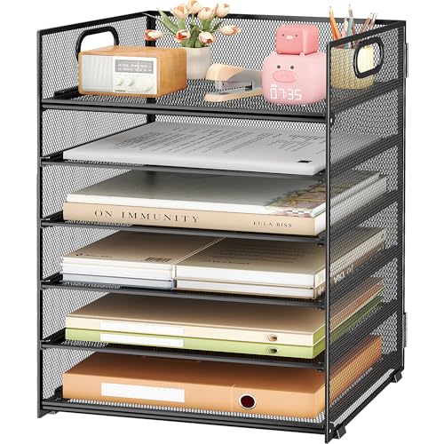 Subekyu 6 Tier Paper File Tray Organizer for Desk, Black Mesh Desk Letter Paper File Folder Accessories Sorter Organizer with Handle, Stackable Slide Tray for Office, Home or School Supplies Storage - color: Black