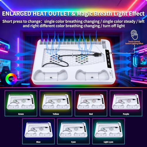 Cooling Station for Ps5/Slim/Pro Disc & Digital Playstation 5 Vertical Stand Organizer with Dual Controller Charger,16 Game Slots,7 Rgb,,3 Usb Ports,Headset & Remote Holder (White) - color: White