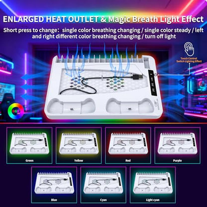 Cooling Station for Ps5/Slim/Pro Disc & Digital Playstation 5 Vertical Stand Organizer with Dual Controller Charger,16 Game Slots,7 Rgb,,3 Usb Ports,Headset & Remote Holder (White) - color: White