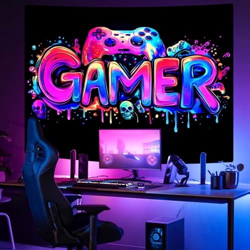 SparkLia Gamer Gaming Tapestry, Blacklight Game Controller Horror Skull Wall Hanging, UV Reactive Skeleton Glow in the Dark Wall Decor for Bedroom, Living Room - 30" x 40" - color: Gamer Skull, size: 40"L x 30"W