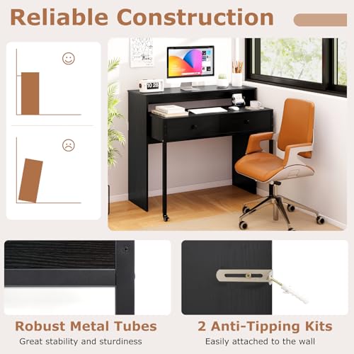 Tangkula Extendable Computer Desk with 2 Storage Drawers, Convertible Home Office Desk with Monitor Shelf, Metal Frame & Lockable Wheels, Rolling Study Writing Desk (Black) - color: Black