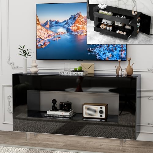 TV Stand Cabinet Up to 65 inch with Conceals Storage, High Gloss, Black | TV cabinet with 2 Push-Open doors and 2 drawers, entertainment center, storage cabinet, modern style, living room, office - color: High Gloss Black, size: 55.12"W*13.78"D*27.56"H