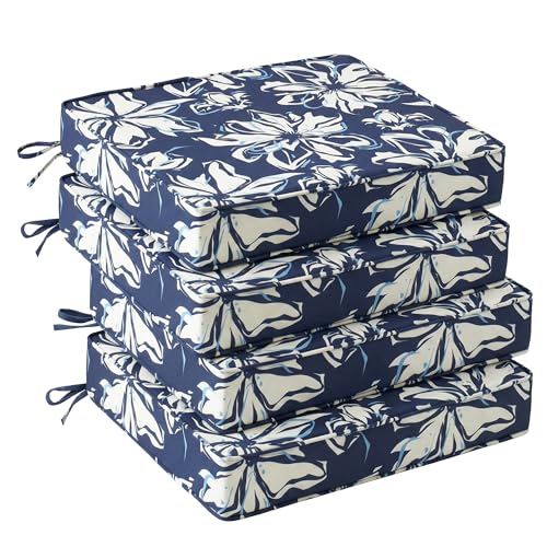 UNIKOME Outdoor Chair Cushions Set of 4, Water Resistant Patio Seat Cushions with Ties for Outdoor Furniture, High-Density Foam, UV & Fade Resistant, Piped Edge – 18.5" x 16" x 3", Blue-White Flower - color: 11 Blue-white Flower, size: 18.5" W X 16" D X 3