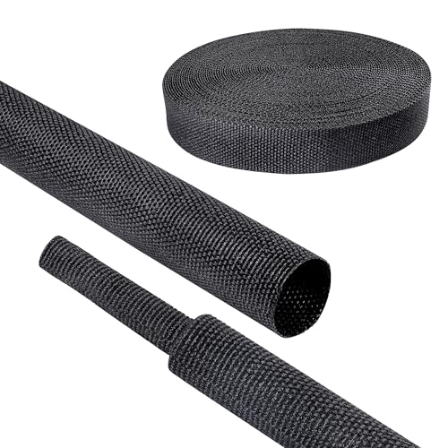Black 2:1 Ratio Automotive Heat Shrink Braided Sleeving,Wear-Resistant Flat Woven Shrinkable Sleeve Fabric Car Cable Wires Hoses Protection (1/2"-12ft) - size: 1/2"-12ft