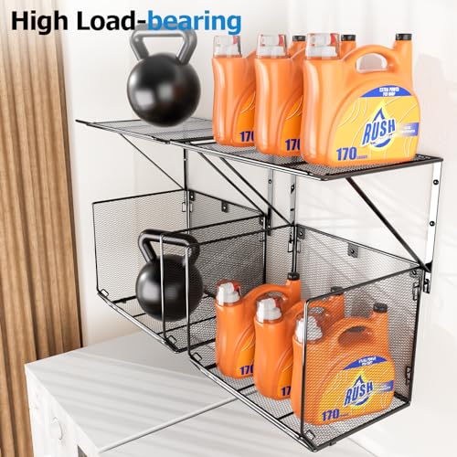 2 Pack Laundry Room Shelves Organization and Storage,Wall Mounted Clothes Drying Rack with Wire Mesh Basket Over Washer and Dryer, (Black, 2 Pack) - color: Black