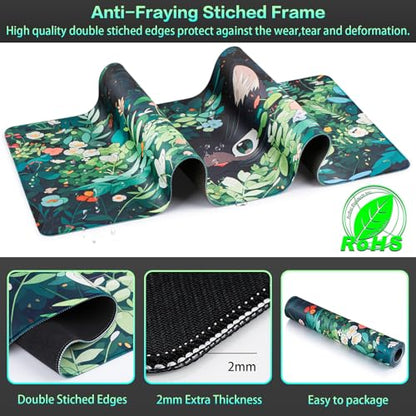 Canjoy Cute Black Cats Anime Mouse pad, 31.5x15.7inch Kawaii Computer Keyboard Mat Extended Large Gaming Mouse Pad with Non-Slip Rubber Base - color: Curious Cat