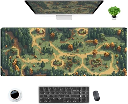 Retro Brown Green Desk Mat XL Large Gaming Green Forest Pixel Mouse Pad Non-Slip Rubber Base Mousepad, Keyboard Mouse Mat, Laptop Computer Mat with Stitched Edges, Office Work Mat 31.5x11.8 in - color: Brown Green Forest Pixel, size: 31.5" x 11.8"