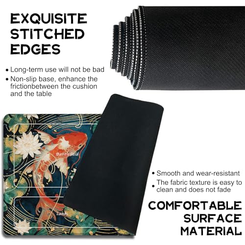 for MTG Playmat 24 x 14 Inches Lotus Leaves Koi Magic Play Mat Card Game Mat for Magic The Gathering TCG PTCG Playmat with Free Storage Bags Non-Slip Backing and Stitched Edge - color: Lotus Leaves Koi With Zones