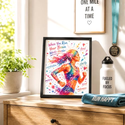 Watercolor Runner Brain Motivation Poster, Colorful Running Wall Art, When You Run Your Brain Works Harder Print, Fitness Motivation Decor, Female Athlete Inspirational Art, Marathon Runner Gift, Mind Body Exercise Poster, Gym Office Dorm Room Wall Decor,