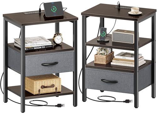 SUPERJARE Nightstand Set of 2, Bed Side Tables with Charging Station, Adjustable Fabric Drawer, Night Stand for Bedroom, 3-Tier Storage End Tables, Walnut - color: Walnut, size: M-2 (11.8"D x 15.7"W x 23.4"H)