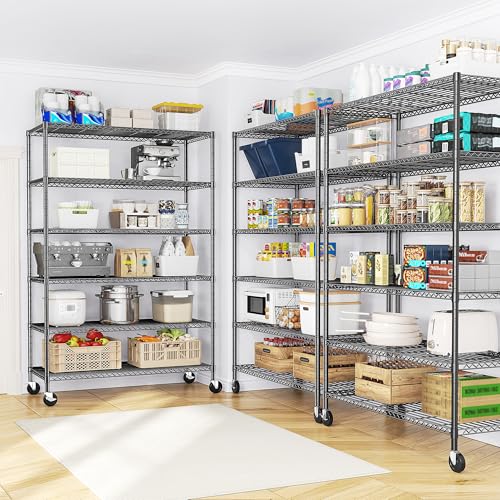 Romorgniz 6-Tier Rolling Storage Shelves, 82" H x 45" W x 18" D Adjustable Wire Shelving Unit with Locking Wheels, Heavy-Duty Metal Rack for Garage, Pantry, Kitchen, Basement – Black - size: 82"H X45"W X18"D-Black