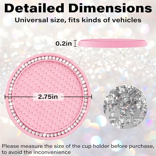 BFXM 2 PCS Bling Cup Holder Coasters for Car, 2.75 inch Diamond Universal Non-Slip Pink Silicone Cup Holder Coasters, Sparkly Bling Car Accessories for Women(White Diamond) - color: Pink+bling White
