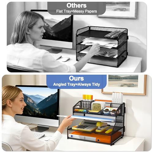 4 Tier Desk Orgnizers and Accessories, Metal Magazine File Holder with Pencil Holder and Handles, Space Saving Desk File Trays for School Office Supplies(Black) - color: 4-tier-black
