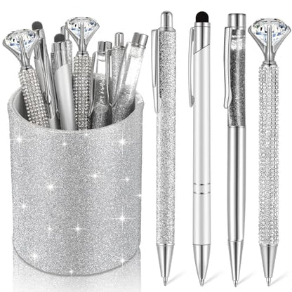Sabary 8 Pcs Silver Pens with Pen Holder for Desk Glitter Crystal Diamond Cute Ballpoint Fancy Pencil Holder Bling Desk Organizer for Women Girls School Office Supplies Wedding Graduation Gifts - color: Silver