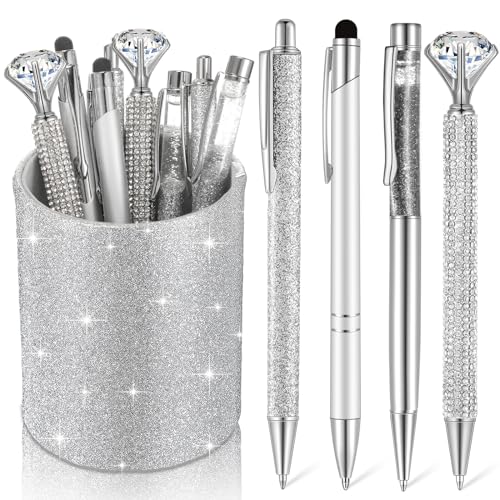 Sabary 8 Pcs Silver Pens with Pen Holder for Desk Glitter Crystal Diamond Cute Ballpoint Fancy Pencil Holder Bling Desk Organizer for Women Girls School Office Supplies Wedding Graduation Gifts - color: Silver