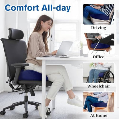 CushyOasis Seat Cushion, Gel Chair Cushions, Office Chair Cushions, Anti-Slip Bottom & Removable Cover Tailbone Pain Relief Cushion, Memory Foam Seat Cushion, 5.28 in Thick (Blue) - color: Blue, size: X-Large