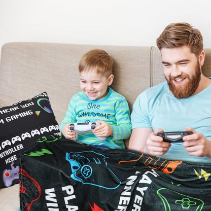 Ziliny 6 Pcs Gamer Gifts Sets for Boys Gaming Throw Blanket Tumblers Funny Pillow Covers Socks Keychain and Gifts Box for Boys Men Teen Gamer Lover