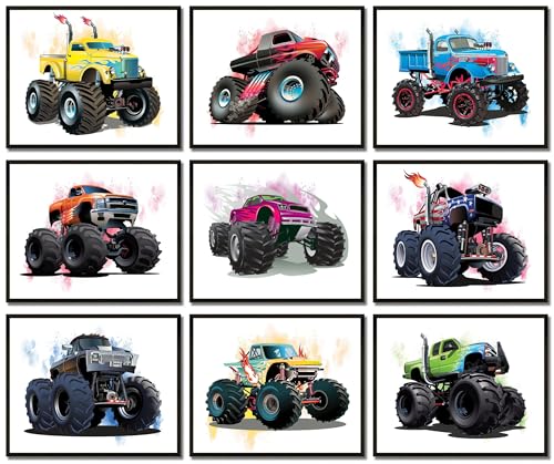 LANCHI95 9PCS Monster Truck Room Decor- Monster Truck Wall Art Prints Teen Boy Bedroom Decor, Vehicle Car Posters for Boys Room (UNFRAMED) (Car Poster 1) - color: Car Poster 1