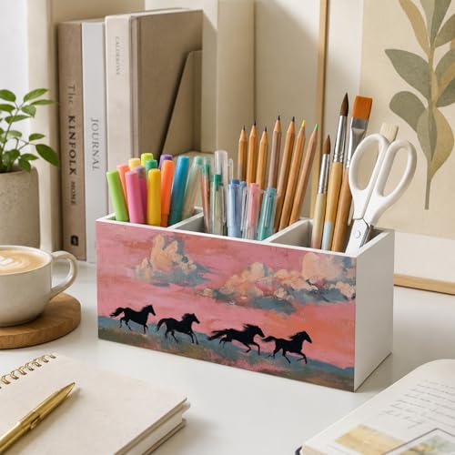 Pink Western Sunset Horse Pen Holder for Desk, Country Southwestern Equestrian Wooden Box Sign Desk Storage Organizer for Home Table Shelf Decoration, Gifts for Horse Lovers - color: Pink Sunset