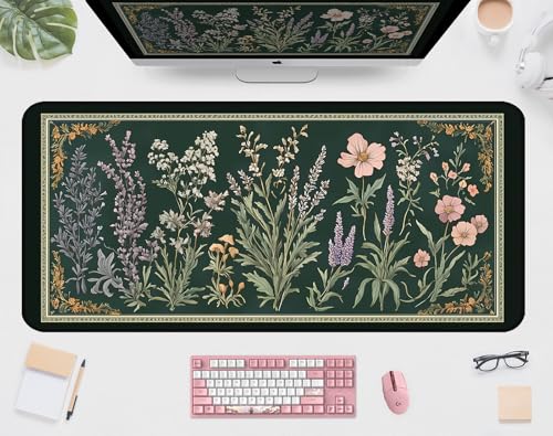 Deep Green Retro Desk Pad, Plant Flower Mouse Pad XXL, Large Gaming Mouse Mat, Laptop Pad, Desktop Protective Pad, Computer Mats with Stitched Edges, Women Office Desk Accessory 31.5"X15.7" - color: Green Lavender