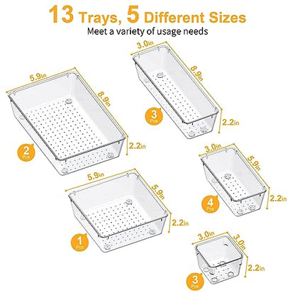 SMARTAKE 13-Piece Drawer Organizers with Non-Slip Silicone Pads, 5-Size Desk Bathroom Drawer Organizer Trays Storage Tray for Makeup, Jewelries, Utensils in Bedroom Dresser, Office and Kitchen, Clear - size: 13 PCS