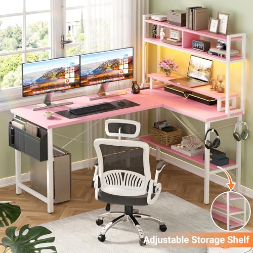 Aheaplus L Shaped Gaming Desk with Power Outlets & LED Lights, Small L- Shaped Desk Computer Corner Desk with Monitor Stand & Storage Shelf, Home Office Desk Writing Desk with Storage Bag, Pink - color: Pink