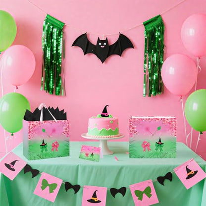 Mprocen Pink Green Party Favor Bags, Witch Musical Cartoon Animation Goodie Bags with Greeting Cards Tissue Papers for Witch Crown Theme Birthday Party Supplies - color: Themed 1
