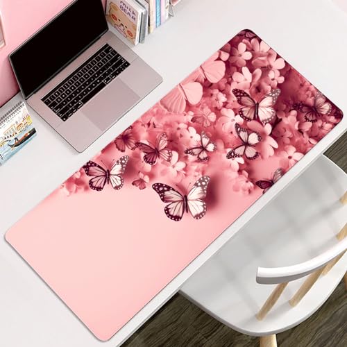 Pink Mouse Pad Desk Mat Butterfly Large Mouse Pads Desk Pad(27.5X11.8 in) | Long Mouse Pad Gaming mousepad Mouse Mat With Stitched Edge Non-Slip Rubber Base for Office Game Computer Keyboard Laptop - color: jjs o5
