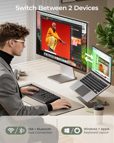 seenda Wireless Bluetooth Keyboard Mouse Combo, COE200 Ergonomic Keyboard with Wrist Rest, Silent Mouse, Multi-Device Connection, Full-Size Compatible for Windows PC Laptop Mac MacBook, Black - color: Black