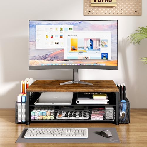OPNICE Wood Desk Organizers and Accessories, 2-Tier Computer Monitor Stand Riser with Drawer and 2 Pen Holders, Laptop Stand, Office Desk Accessories for Office Supplies, Brown - color: Brown 1-Pack, size: Single