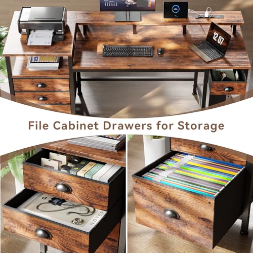 Furologee 60" Computer Desk with File Cabinet and Storage Shelves, Reversible Home Office Desk with LED Lights, Full Monitor Stand, Power Outlets, Study Gaming Table with 4 Drawers, Rustic Brown - color: Rustic Brown