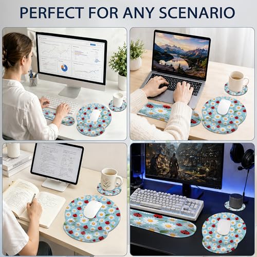 Ladybug Wrist Rest Mouse Pad and Keyboard Support Set,Daisy 3 in 1 Ergonomic Memory Foam Mousepad with Non Slip Base, Gaming Mouse Pad for Office and Home - color: Ladybug Daisy