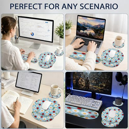 Ladybug Wrist Rest Mouse Pad and Keyboard Support Set,Daisy 3 in 1 Ergonomic Memory Foam Mousepad with Non Slip Base, Gaming Mouse Pad for Office and Home - color: Ladybug Daisy