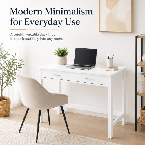 4NM 39.4" Small Desk with Wood Drawers, Home Office Computer Desk with Wooden Legs, Study Writing Table Vanity Desk for Small Spaces - White - color: White
