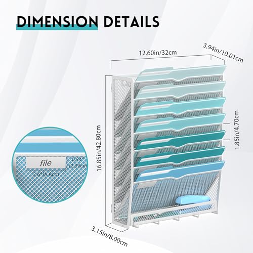 8-Tier Hanging Wall File Organizer with 5 Hooks, Mesh Wall File Holder Vertical Mount Mail Organizer for Papers, Folders, Magazines, Bills, Office and School, White - color: White, size: 8 Tier